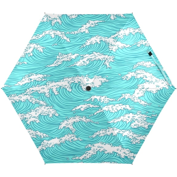 Blue Ocean Waves Pattern Umbrellas for Sun Auto Open Close UV50+ Waterproof 5-Fold Compact Fiberglass Frame