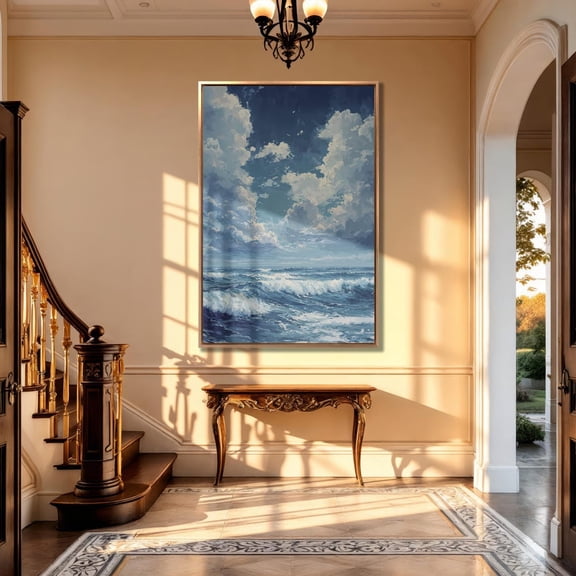 Blue Ocean Waves Poster: Nautical Seascape Wall Art, Stretched Canvas Size 8x12