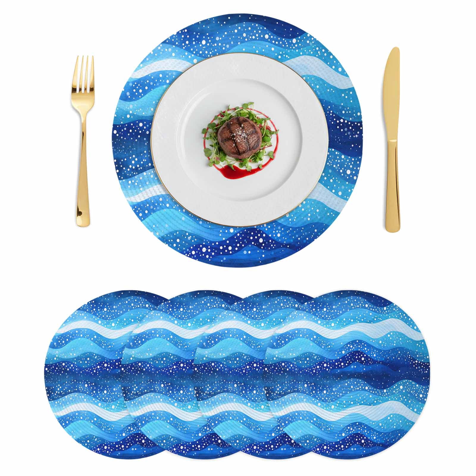 Blue Ocean Waves Round Placemats Set of 4 Abstract Wave Point Coastal ...