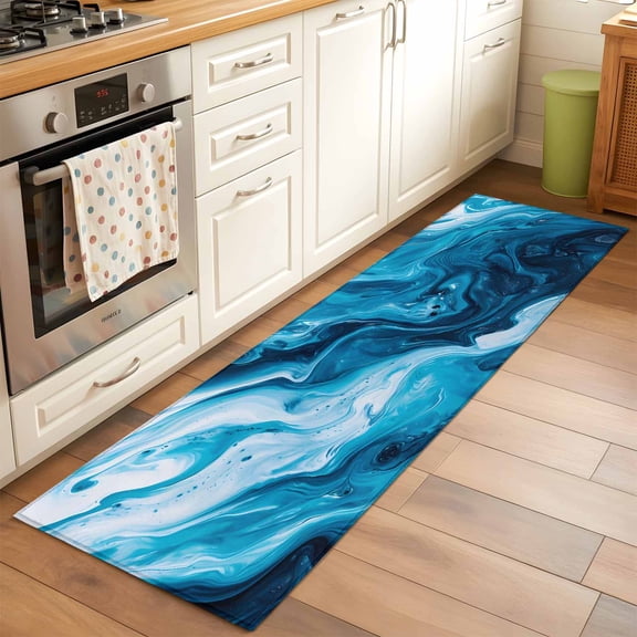 Blue Ocean Waves Runner Rug for Hallway 2x6ft, Blue Marble Abstract Art Non Slip Floor Mat Washable Low-Profile Indoor Carpet for Living Room, Bedroom, Dining Room