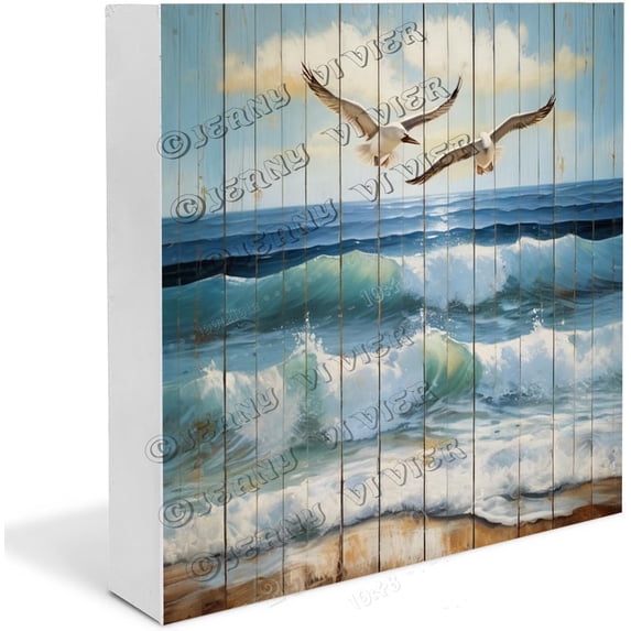 Blue Ocean Waves Seagulls Wooden Box Sign Gifts for Kids Funny Summer Decor for Classroom Chic Desk Decor Rustic Table Decorations Wood Block Signs For Shelf Desk Decoration 7x7 In
