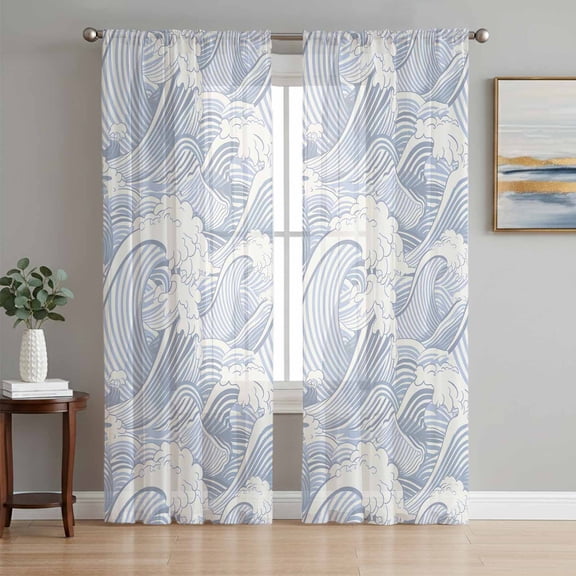 Blue Ocean Waves Sheer Curtains 72 Inch Length 2 Panels Set, Moire Seaside Abstract Art Voile Window Treatment Rod Pocket Curtains Sheers Drapes for Bedroom/Living Room/Kitchen 52"x72"x2