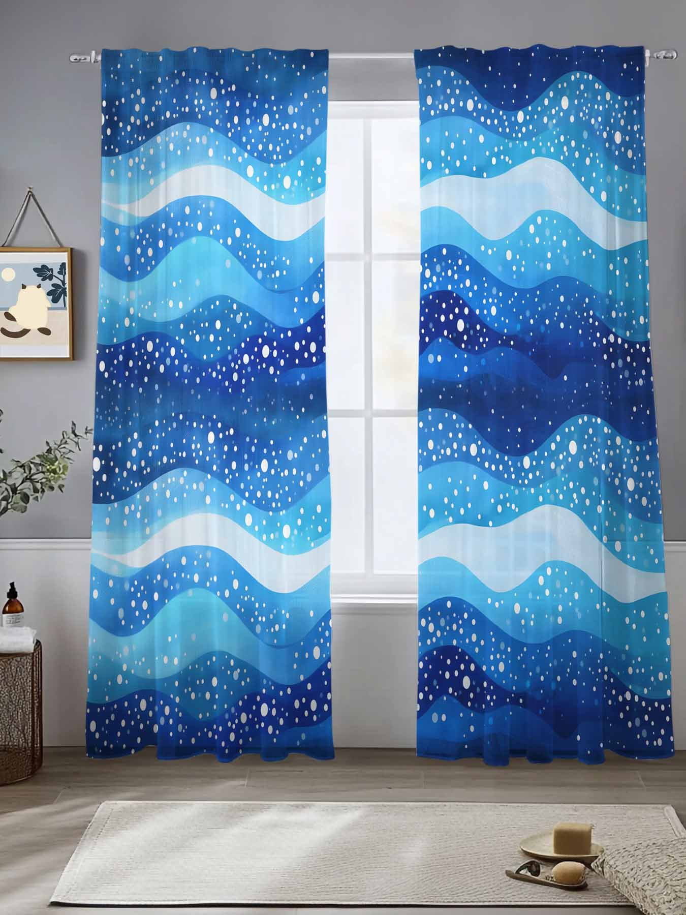 Blue Ocean Waves Sheer Curtains for Living Room Bedroom Abstract Wave ...