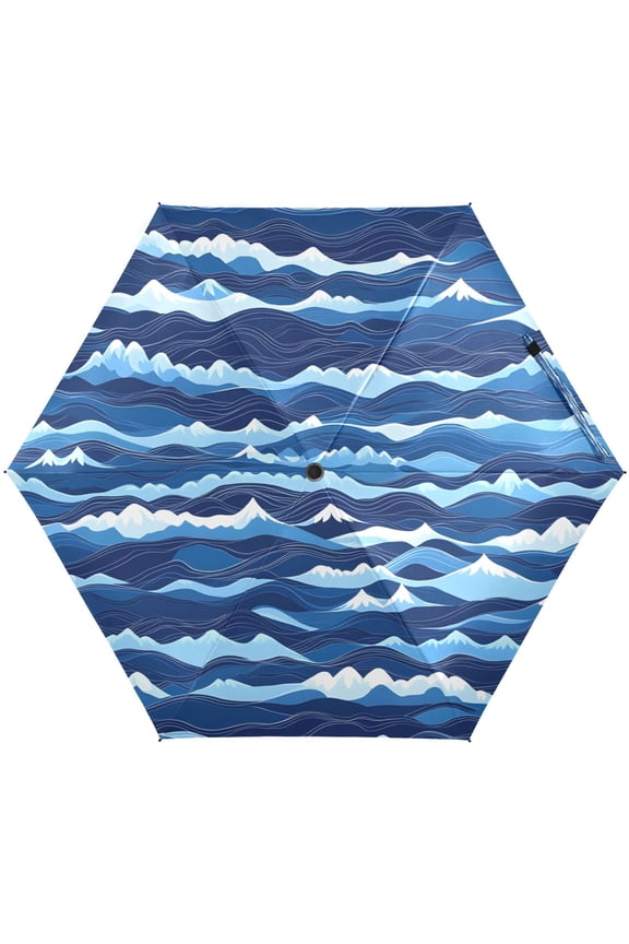 Blue Ocean Waves Umbrellas for Sun Auto Open Close UV50+ Waterproof 5-Fold Compact Fiberglass Frame