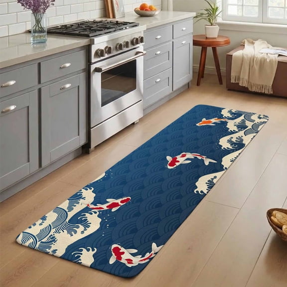Blue Ocean Waves Washable Runner Rug 3X7 ft Japanese Style Red Fish Harmony Non-Slip Hallway Runner Rug, Linen Kitchen Runner Mats, Indoor Floor Carpet for Entryway Bathroom Bedroom Living Room