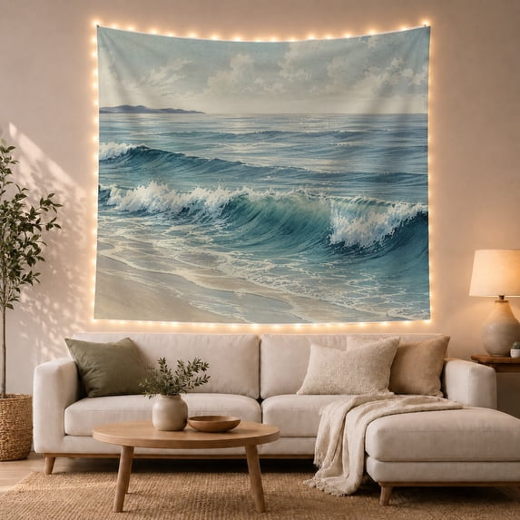 Blue Ocean Waves Watercolor Seascape, Calming Coastal Nature Art for Ocean Lovers, Tranquil Sea Wall Decor, Summer Housewarming Gift Tapestry Wall Hanging for Bedroom, Living Room and Dorm