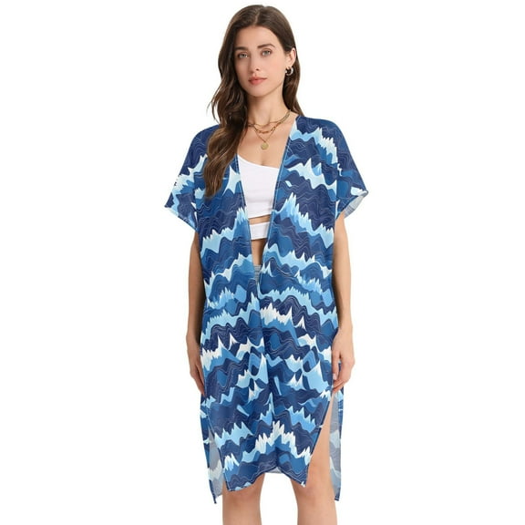 Blue Ocean Waves Women's Swimwear Cover Up Summer Cardigan Beach Pool Cover Up Loose for Swimsuits Casual Wear