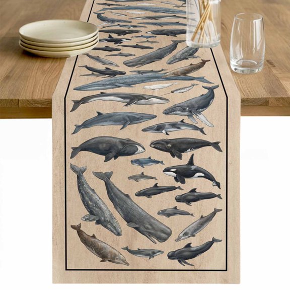 Blue Ocean Whales Table Runner - 48 Inch Long Retro Coastal Underwater Animal Brown Cotton and Linen Blended Dress Scarves Farmhouse Table Runner for Kitchen Dining, Coffee Table, 13" x 48"