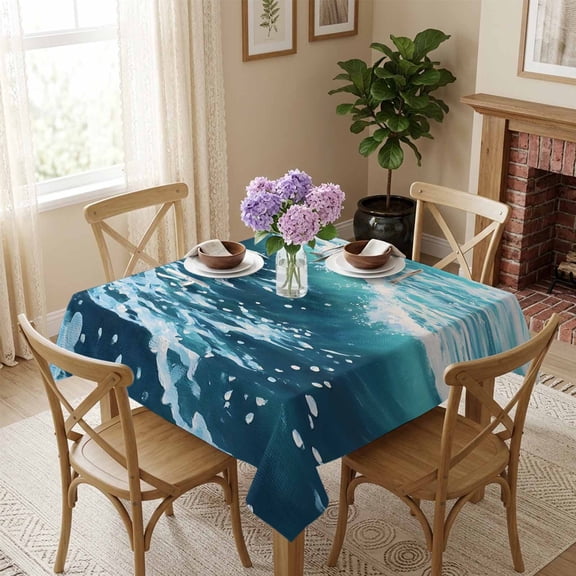 Blue Ocean White Wave Square Tablecloth 54x54 Inch Modern Art Waterproof Polyester Tablecloth for Dining Table, Washable Table Cover for Kitchen Dining Room Wedding Decoration,Stain Resistant