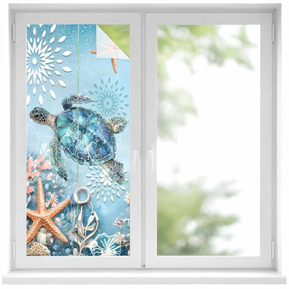 Blue Ocean Window Privacy Film 19.6x39.3in Sea Turtle Coral Starfish Seashell Decorative Window Film with Static Cling, UV Filtering Window Cling Privacy Film for Glass Doors and Windows