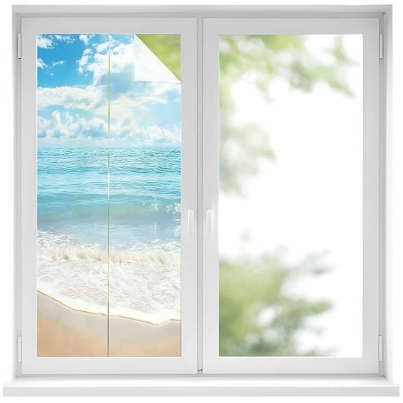 Blue Ocean Window Privacy Film, Coastal Sea Beach Shore Sky Waves Scenery Static Cling UV Sun Blocking Heat Control Window Tint Day and Night, Non-Adhesive One Way Windows Privacy Cover 19.6''x39.3''