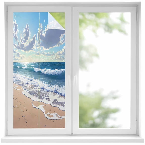 Blue Ocean Window Privacy Film Waves Beach Cloudy Sky Nature Seaside Scenery Decorative Glass Window Film UV Blocking Static Cling Non-Adhesive Sticker Covering for Home Door 19.6 x 39.3 inches