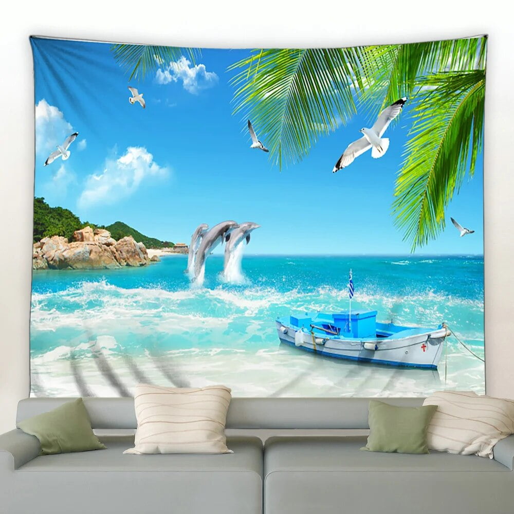 Blue Ocean Window Tapestry Hippie Beach Coconut Tree Fabric Wall ...