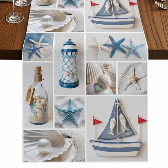 Blue Oceans Beach 48 Inch Table Runner, Nautical Coastal Starfish Seashell Farmhouse Dresser Scarf Cotton & Linen Tablerunner for Dining/Kitchen Island/Holiday Party Décor 13" x 48"