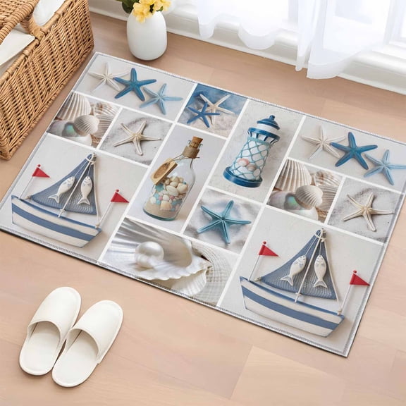 Blue Oceans Beach Bathroom Rug Washable 2x3 Entryway Rug Non Slip Nautical Coastal Starfish Seashell Front Door Mat Low Pile Indoor Doormat Throw Floor Carpet for Kitchen Bedroom Entrance