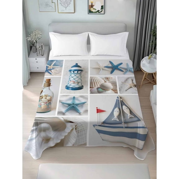 Blue Oceans Beach King Size Flat Sheet, Wrinkleproof & Fadeproof Cooling Flat Bed Sheet Only, Nautical Coastal Starfish Seashell Breathable Soft Bedding Top Sheets 105 x 98 Inches