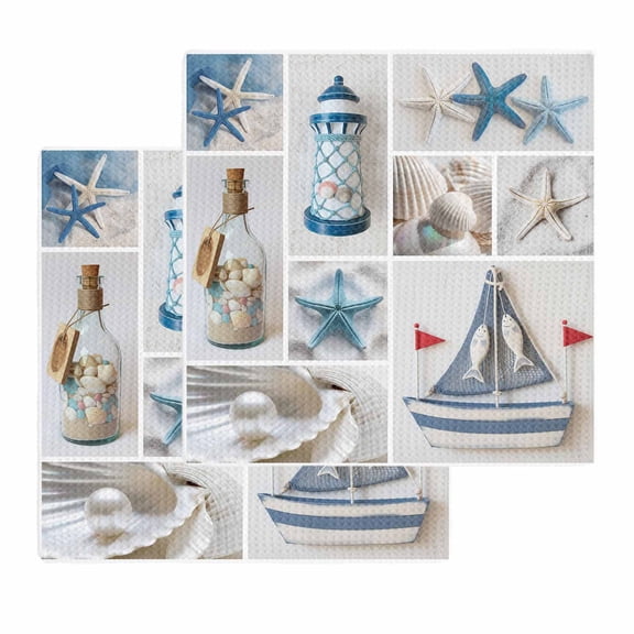 Blue Oceans Beach Kitchen Dish Towels for Drying Dishes Set of 2, Nautical Coastal Starfish Seashell Waffle Weave Microfiber Hand Tea Bathroom Towels Quick Dry & Absorbent Towel 12x12