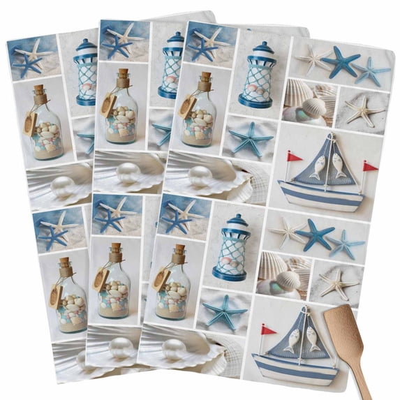 Blue Oceans Beach Kitchen Towel Dish Cloths Set of 3, Microfiber Soft Kitchen Hand Towels, Nautical Coastal Starfish Seashell Absorbent Quick Drying Dishcloths 18 x 28 Inches
