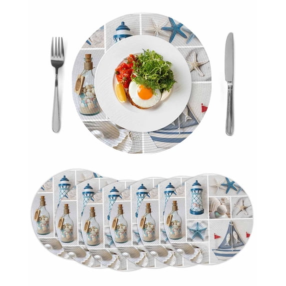 Blue Oceans Beach Round 13 Inch Placemats Set of 6, Nautical Coastal Starfish Seashell HeatResistant Non Slip Place Mats for Dining Table, Wipeable Braided Kitchen Table Mats for Housewarming