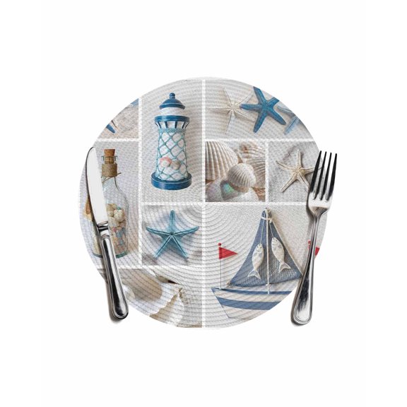 Blue Oceans Beach Round Placemats for Dinning Tables,Heat-proof Braided Table Mats 13 Inch,Nautical Coastal Starfish Seashell Washable Place Mat for Kitchen Restaurant Party Decor Table Setting
