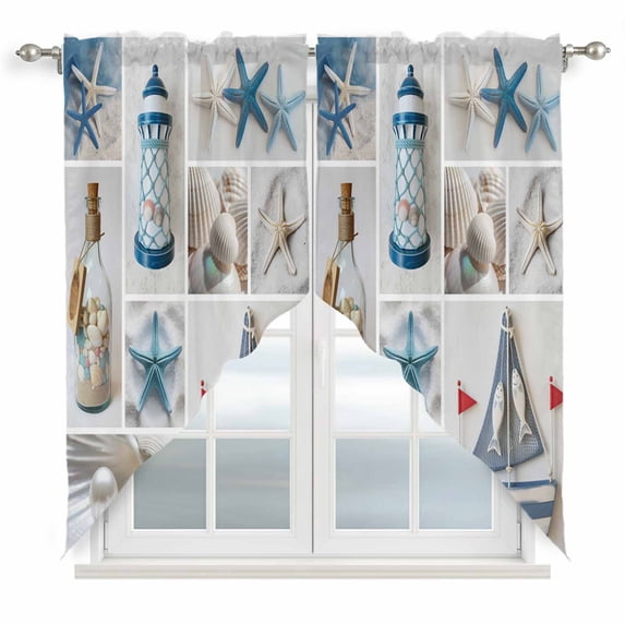 Blue Oceans Beach Swag Valances for Windows 2 Pack, Kitchen Window Curtains 36 Inch Length, Nautical Coastal Starfish Seashell Privacy Swag Curtains for Living Room/Bathroom with Rod Pocket 36"x36"