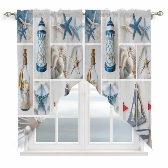Blue Oceans Beach Swag Valances for Windows 2 Pack, Kitchen Window Curtains 36 Inch Length, Nautical Coastal Starfish Seashell Privacy Swag Curtains for Living Room/Bathroom with Rod Pocket 36"x36"