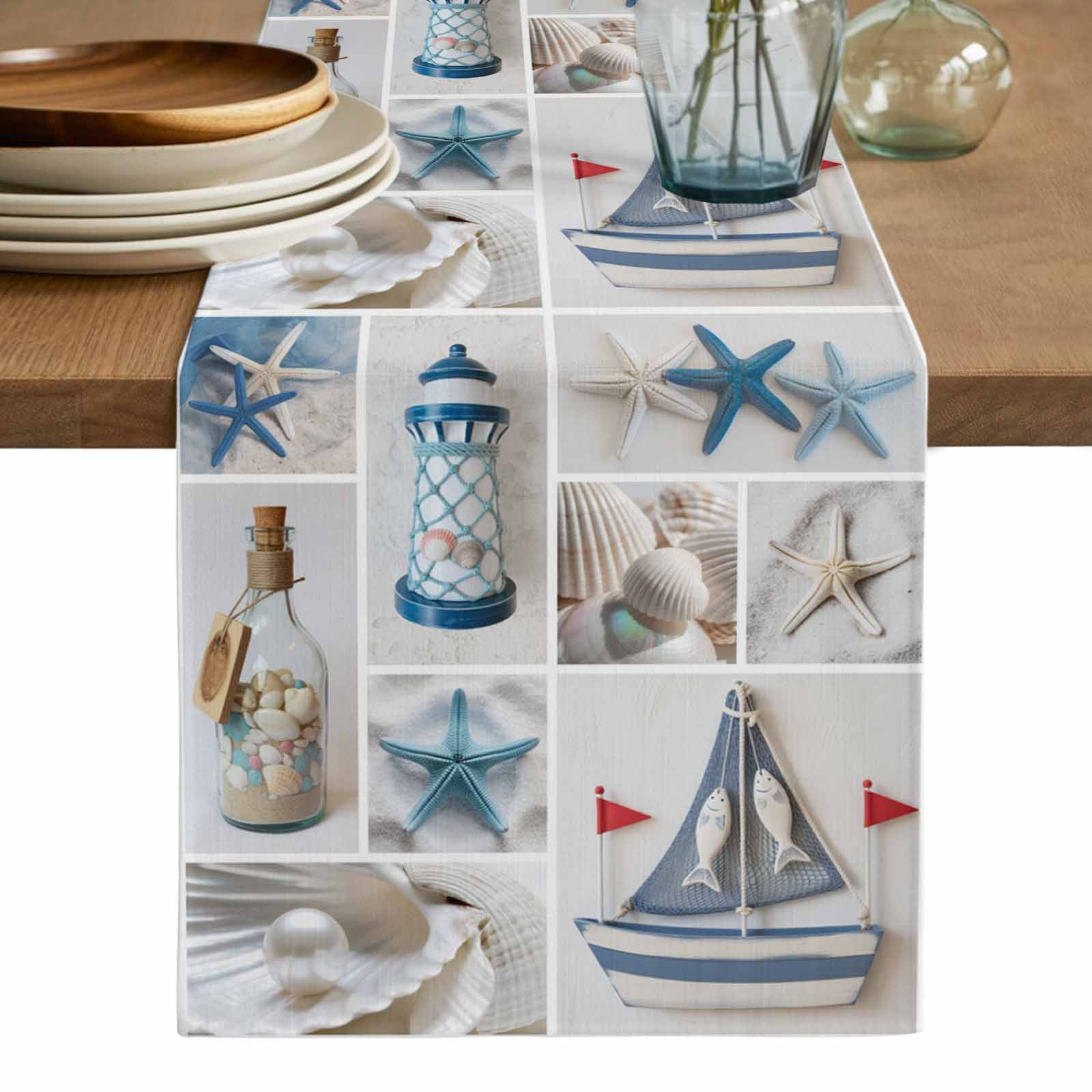 Runner Seashell Blue Oceans Beach Table Runner, Nautical Coastal Starfish Seashell ...