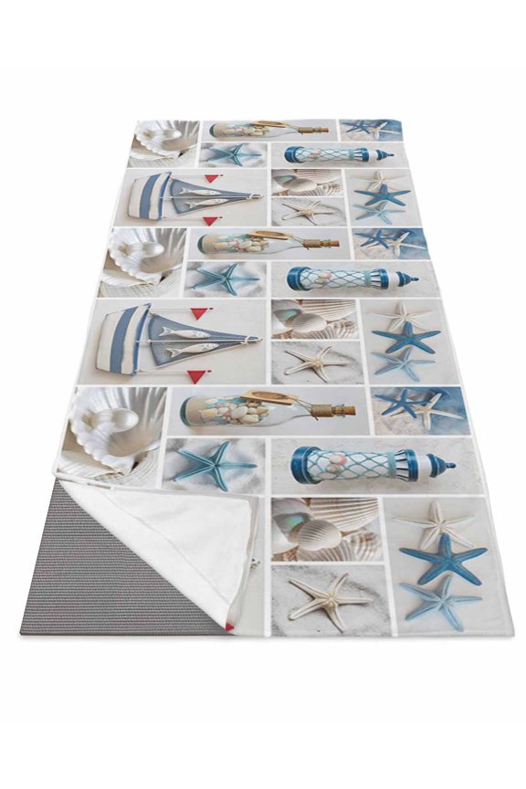 Blue Oceans Beach Yoga Towel for Hot Yoga Non Slip, Nautical Coastal Starfish Seashell Yoga Mat Towel Absorbent Yoga Sweat Towels Microfiber Hot Yoga Blanket for Bikram Pilates 26"x70"