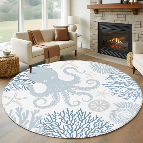 Blue Octopus 6FT Round Area Rugs for Living Room Ocean Starfish Shell Coral Marine Life Ultra-Thin Non-Slip Round Rugs Machine Washable Low Pile Circle Carpet for Bedroom Kitchen Nursery