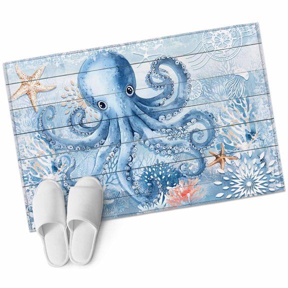 Blue Octopus Area&nbsp;Rug 2x3ft Summer Ocean Beach Starfish Coral Wood Board Non-Slip&nbsp;Washable Square&nbsp;Rugs Soft Felt Indoor Floor Mat for Bedroom Kitchen Living Room Bathroom