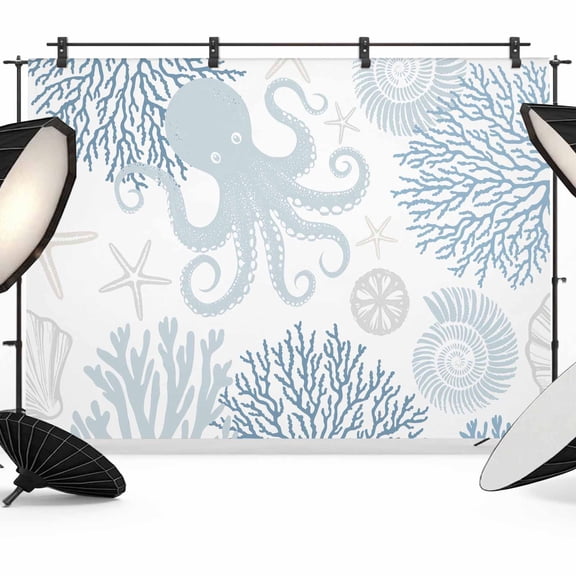 Blue Octopus Backdrop for Photography, Ocean Starfish Shell Coral Marine Life Photo Backdrop Portrait Background Party Banner Photo Backgrounds for Studio Booth Props, 10x8ft