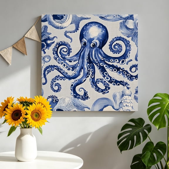 Blue Octopus Canvas Wall Art, Ocean Coral Shell Pictures Wall Decor Wooden Framed Artwork Art Prints for Living Room Hallway Bedroom Office 8"x8"
