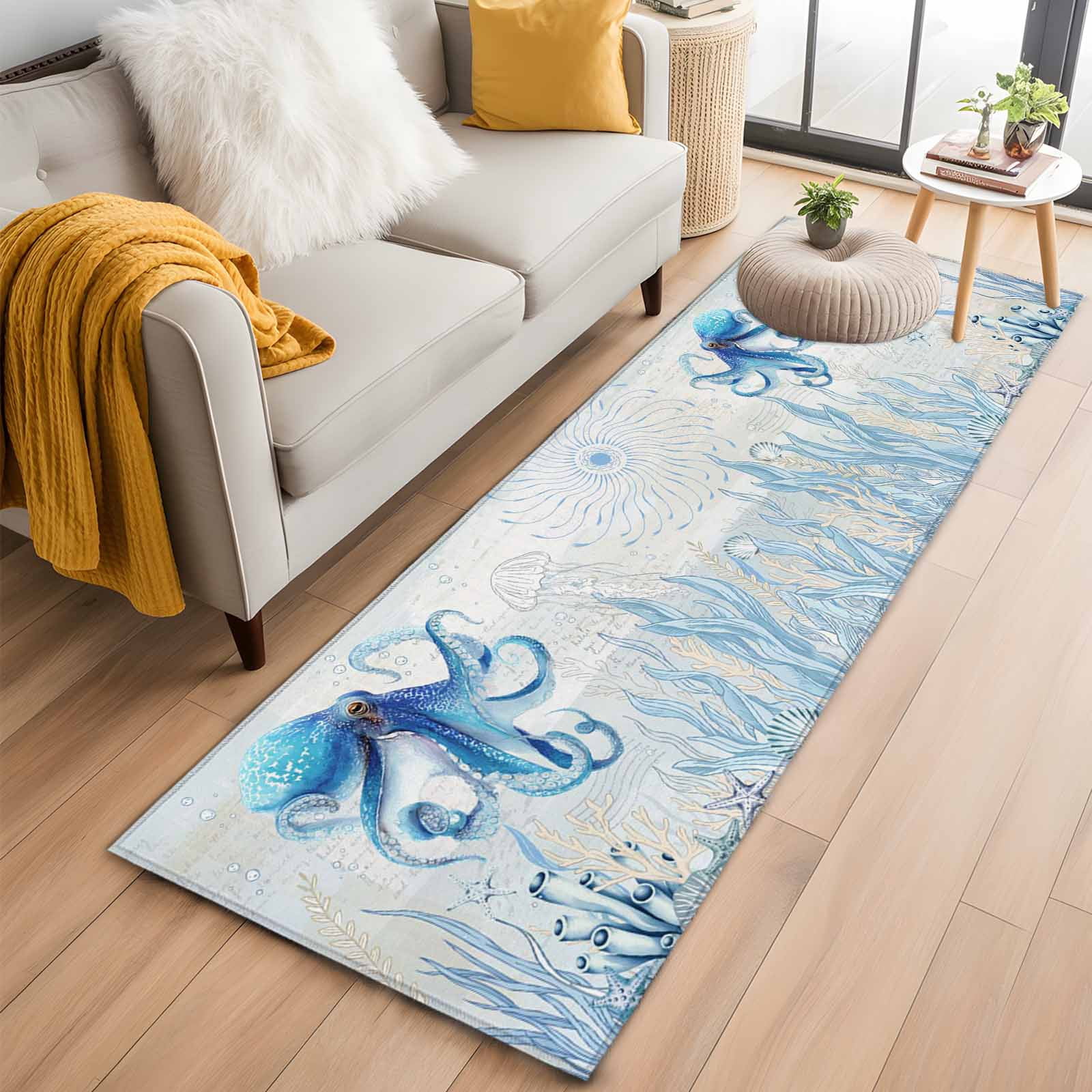 Blue Entry Rugs Blue Octopus Coastal 2'x6' Runner Rugs for Hallway Kitchen Bedside Non ...
