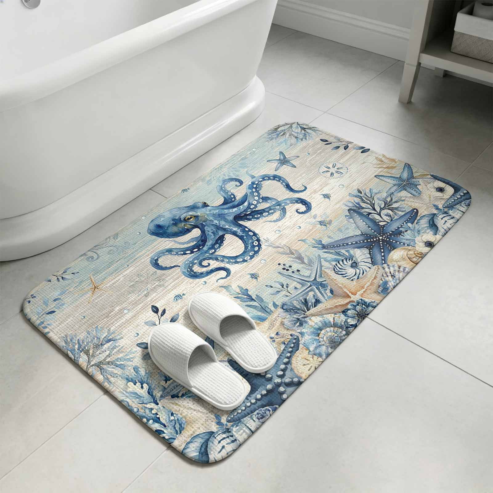 Blue Octopus Coastal Bathroom Rugs Non Slip Washable Bath Mat Absorbent ...