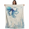 thumbnail image 1 of Blue Octopus Coastal Blanket Soft Cozy Warm Throw Blanket for Couch, Plush Fuzzy Flannel Fleece Blankets for Sofa, Coral Summer Beach Nautical Ocean Beige Bed Blankets Gifts for Men, 50"x60", 1 of 9