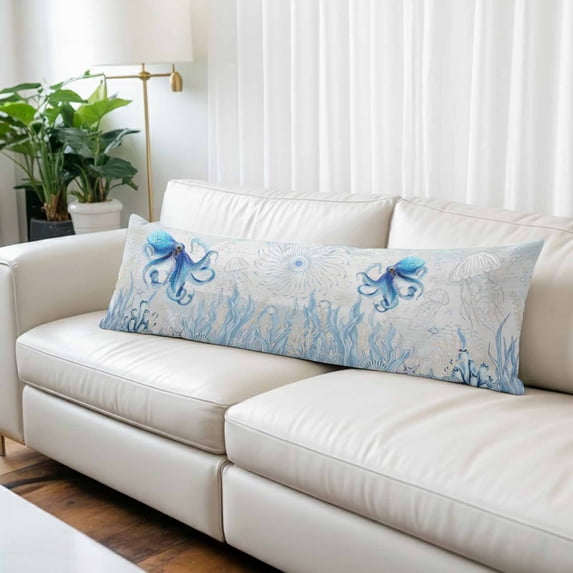 Blue Octopus Coastal Body Pillow Covers 20"x60", Coral Summer Beach Nautical Ocean Blue Soft Brushed Microfiber Breathable Throw Pillow Covers, Pillowcase with Zipper for Couch Sofa Bedroom