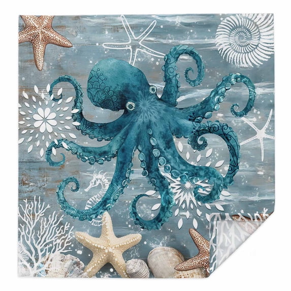 Blue Octopus Coastal Cloth Napkins Washable Set of 1, Summer Beach Ocean Starfish Coral Reusable Dinner Table Napkins Cloth Bulk for Weddings Kitchen Restaurants Hotel Events Parties 20 x 20 Inch
