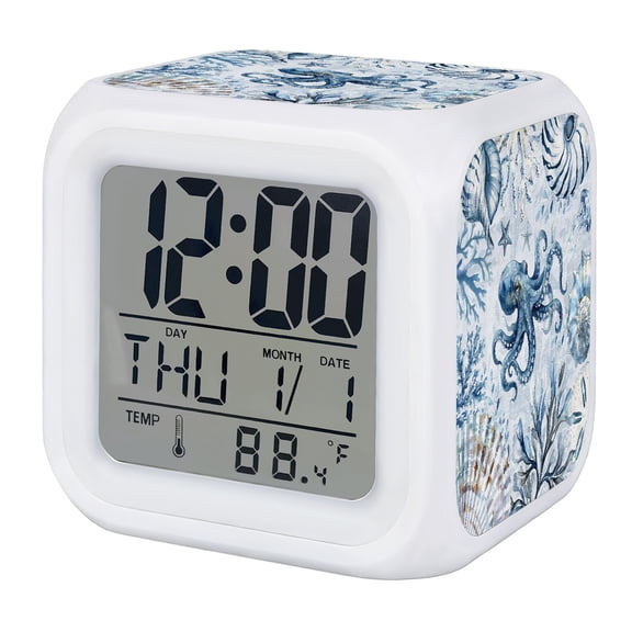 Blue Octopus Coastal Digital Alarm Clock for Bedrooms, Smart LED Alarm Clock with 7 Color Changing Night Light, Summer Beach Coral Conch Shell Silent Wake Up Clocks for Sleep Study Cooking 3.2"x3.2"