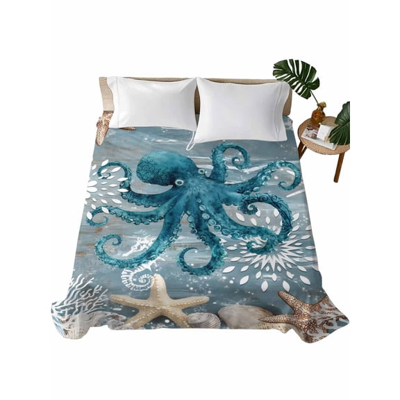 Blue Octopus Coastal Flat Sheet Only Twin Size, Soft Breathable Bed Top Sheets for Mattress, Summer Beach Ocean Starfish Coral Luxury Bedding Flat Sheets for Home Hotel Bedroom Bed Protection