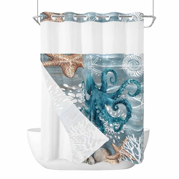 Blue Octopus Coastal No Hook Shower Curtain Waterproof,Bathroom Curtains with Snap in Liners and See Through Top Window,Summer Beach Ocean Starfish Coral Hotel Style Bathtub Curtains Shower 72"Wx96"L
