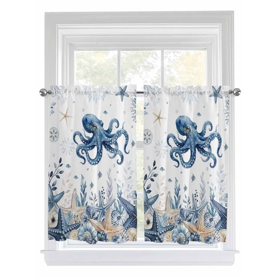 Blue Octopus Coastal Kitchen Curtains 45 Inch Length, Beach Starfish ...