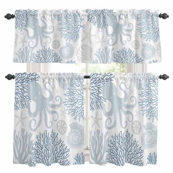 Blue Octopus Coastal Kitchen Curtains Sets for Windows 24 Inch Length, Nautical Coral Starfish Rod Pocket Window Treatments Tier Curtains and Valances Set for Bedroom/Bathroom