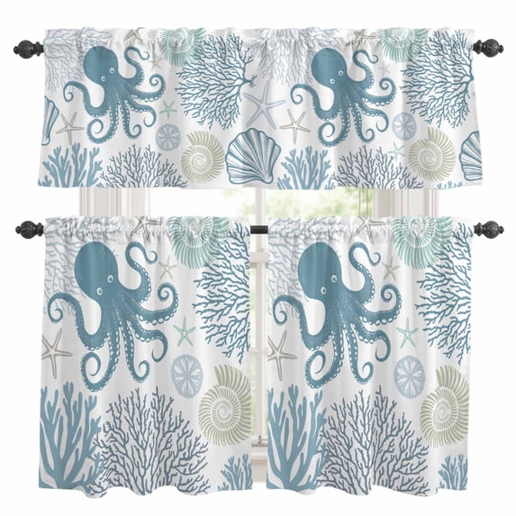 Blue Octopus Coastal Kitchen Curtains Sets for Windows 24 Inch Length, Summer Beach Nautical Coral Rod Pocket Window Treatments Tier Curtains and Valances Set for Bedroom/Bathroom