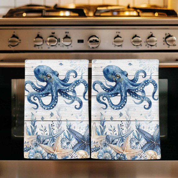 Blue Octopus Coastal Kitchen Towels Set of 4, Beach Starfish Nautical Coral Retro Absorbent Dish Towels for Kitchen, Microfiber Hand Towel, Quick Drying Tea Towel for Cleaning Decorative Dishcloths