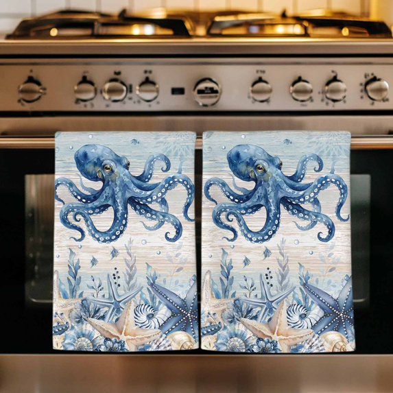 Blue Octopus Coastal Kitchen Towels Set of 4, Beach Starfish Nautical Coral Vintage Absorbent Dish Towels for Kitchen, Microfiber Hand Towel, Quick Drying Tea Towel for Cleaning Decorative Dishcloths