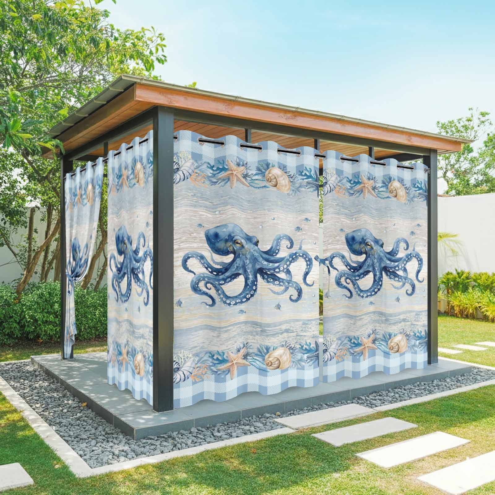 Blue Octopus Coastal Outdoor Curtains for Patio, Summer Starfish Beach Coral Shell Vintage Sunshade Privacy Drapes Grommet Waterproof Outside Curtains for Porch/Cabana/Balcony 54"x 108", 1 Panel