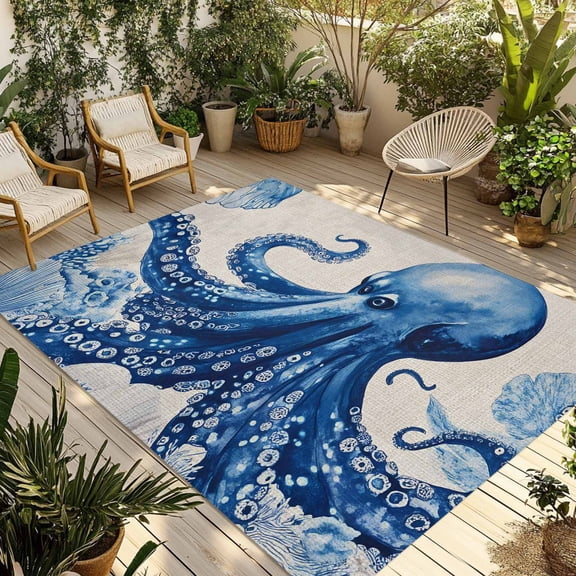 Blue Octopus Coastal Outdoor Rug 4x6 Ft - Reversible Patio Rug Outdoor Camping Rugs, Nautical Summer Beach Ocean Rustic Indoor Outdoor Area Rugs, Non-Slip Outdoor Carpet Runner for Deck/Porch
