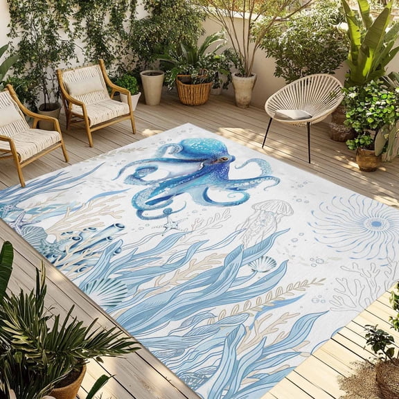 Blue Octopus Coastal Outdoor Rug for Patio/Deck/Porch, Non-Slip Large Area Rug 4 x 6 Ft, Summer Beach Nautical Ocean Coral Starfish Indoor Outdoor Rugs Washable Area Rugs, Camping Rug Carpet Runner