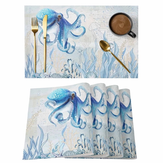 Blue Octopus Coastal Placemats Set of 6, Coral Summer Beach Nautical Ocean Blue Placemats for Dining Table, Place Mats for Kitchen Tabletop, Waterproof Wipeable Dining Table Mats Set