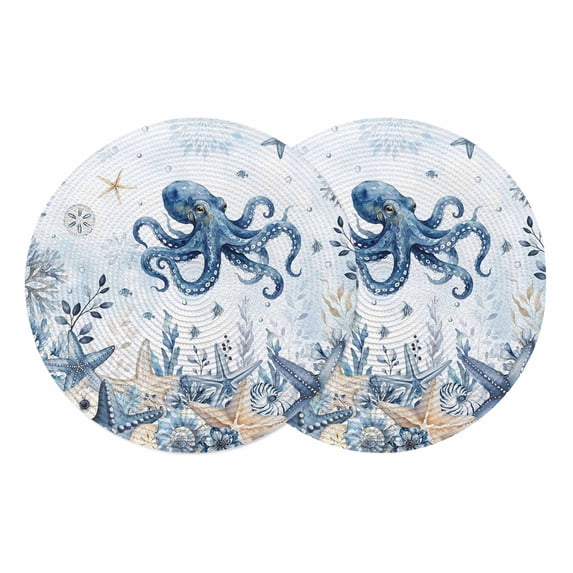 Blue Octopus Coastal Round 13 Inch Placemats Set of 2, Beach Starfish Nautical Coral Ombre HeatResistant Non Slip Place Mats for Dining Table, Wipeable Braided Kitchen Table Mats for Housewarming